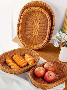 One Retro Chinese-Style Imitation Rattan Woven Bread Storage Basket, 28*20cm, Oval Woven Basket, Bread Box, Storage Basket, Multi-Compartment Snack, Dessert, Fruit And Candy Storage Rattan Woven Bread Basket, Snack Basket, Mall Display Storage Basket, Square Rattan Woven Fruit Basket, Afternoon Tea Snack Plate, Snack Plate, Random Wood Color, Retro Fruit Dish, Miscellaneous Candy Storage Basket - Oval Wood Color - View 1