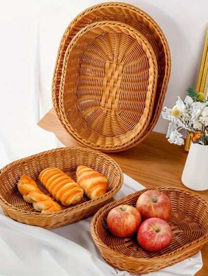 Kosz do przechowywania chleba w stylu retro chińskim, imitujący rattan, 28*20 cm, owalny, tkany kosz, pojemnik na chleb, kosz do przechowywania, wielokomorowy kosz na przekąski, desery, owoce i słodycze, kosz na przekąski, kosz do ekspozycji w centrum handlowym, kwadratowy, tkany kosz na owoce, talerz na przekąski na popołudniową herbatę, talerz na przekąski, losowy kolor drewna, retro półmisek na owoce, kosz do przechowywania różnych słodyczy