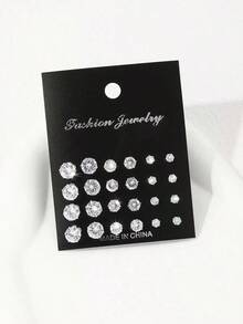 24pcs/Set Fashionable Minimalist Sparkling Cubic Zirconia Stud Earrings For Party, Date And Daily Wear - 銀牌 2 - 查看 4