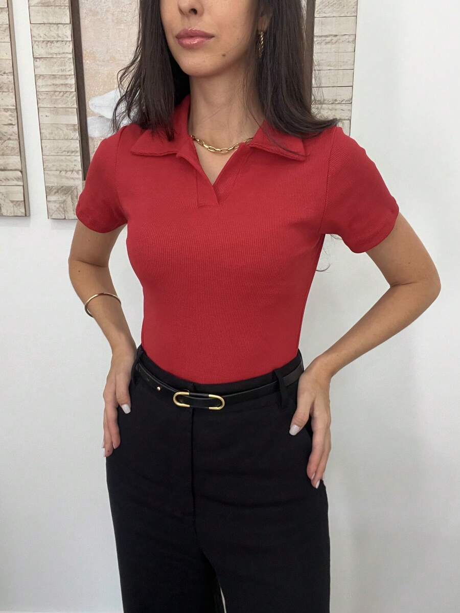 Women's Casual Elegant Polo Neck Shirt BlouseCasualElegantCuteCottonOffice - 辣椒 - 查看 1