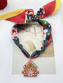 1pc Creative And Unique Santa Claus Christmas Tree Rhinestone Pearl Faux Pearl Pendant Fabric Printed Ribbon Necklace For Women, For Wearing At Festive Parties, Daily Family Gatherings, And Other Occasions, A Festive And Fashionable Piece Of Women's Jewelry.(Rhinestones In Random Color Arrangement) - Colorful - View 16