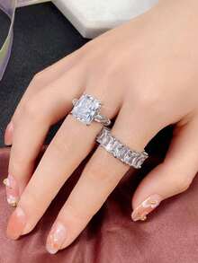 2 件套奢华方晶锆石密镶结婚戒指套装，适合女士婚礼佩戴和情人节礼物 - 銀色2 - 查看 5
