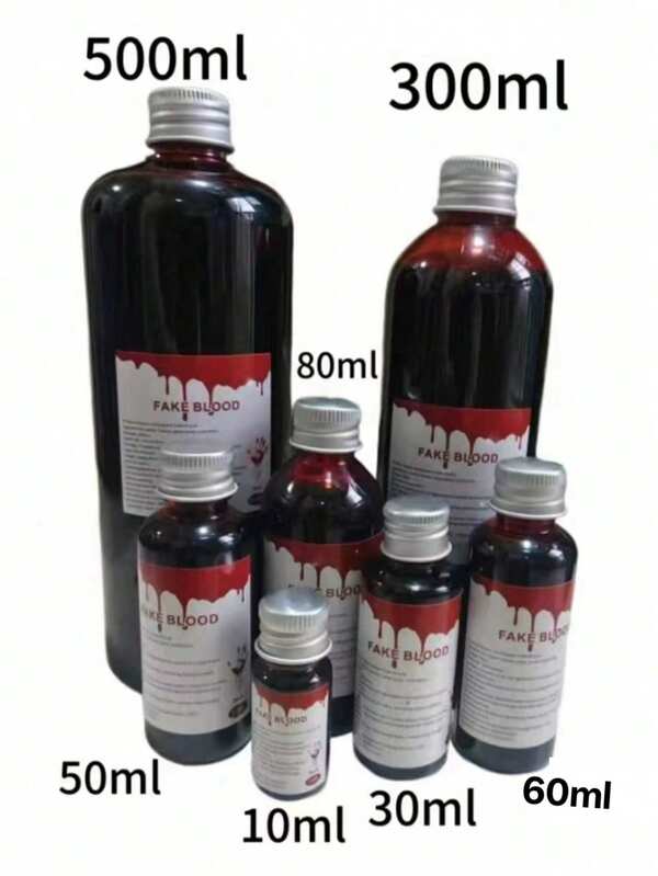 Faux sang d'Halloween, 500 ml/300 ml/80 ml/50 ml/30 ml/10 ml de faux sang réaliste, accessoires de représentation Cosplay, vampire, zombie, accessoires de fête, à vaporiser sur les vêtements pour la décoration, accessoires de décoration photo (couleur aléatoire) (l'étiquette de la bouteille varie selon le lot)