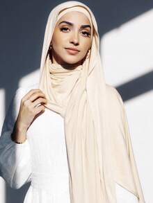 2pcs Jersey Matching Hijab & Undercap Set, Solid Color Comfortable Soft Breathable Modal Fabric, 1 Simple Tube Hijab Cap + 1 Lightweight Modal Scarf, Suitable For Daily Conservative Coverage - Beige - View 4