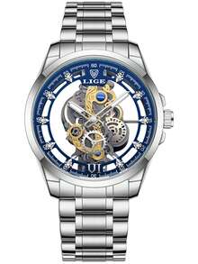 LIGE Men Hollow Out Round Pointer Quartz Watch - Blue - View 7