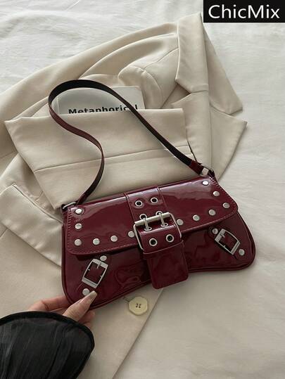 Bolso de hombro con decoración de remaches de unicolor, adecuado para compras, carteras, compras, mujeres jóvenes, estudiantes universitarios, recién llegados, trabajadores de cuello blanco. Son muy adecuados para oficinas, universidades, trabajo, negocios, viajes al trabajo, actividades al aire libre, viajes y salidas