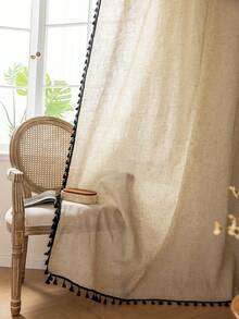 1 件装美式实心竹亚麻半遮光厨房窗帘，日式简约黑色流苏房间隔断窗帘，适合农舍装饰，适用于平开窗、卧室、餐厅、客厅、书房、阳台、露台、酒店、咖啡厅、四季皆宜