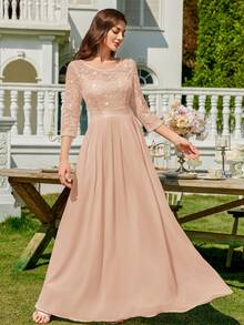 MIUSOL Women's Elegant Sequin Floral Lace Contrast Chiffon Pleated Hem Maxi Dress, Ruched High Waist A-Line Silhouette, Perfect For Formal Party, Wedding Guest, Evening , Anniversary - 香檳色 - 查看 5