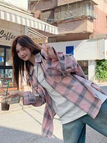 Pink Plaid Long Sleeve Shirt, Casual Loose Fit Suitable For Early Autumn - Pink - View 2