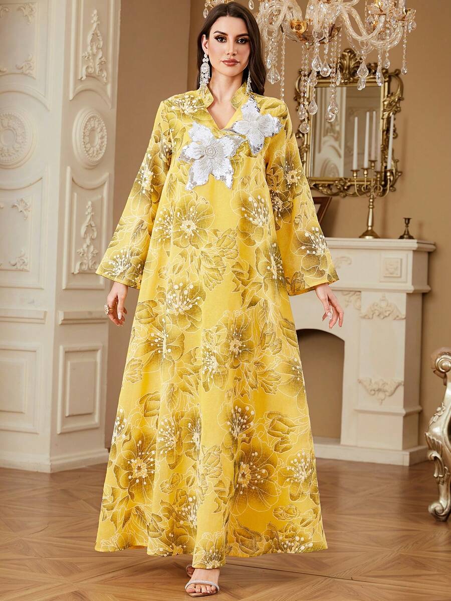 女士穆斯林长袍祈祷服，随机剪裁和印花拼布设计，伊斯兰迪拜风格休闲长袍