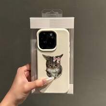 1pc White Matte Textured Cute Cat With Pink Bow Phone Case, Compatible With Iphone 16 Pro Max, 15, 14 Plus, 13, 12, 11, Series - Multicolor - View 3