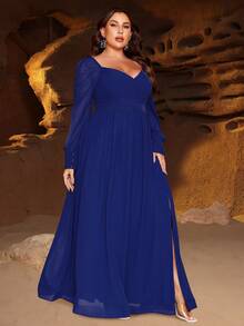 فستان سهرة بقصة كبيرة الحجم مع ياقة على شكل قلب، أكمام فوانيس، تصميم ظهر مكشوف، شق عالي، تنورة قصة A-line للمناسبات الرسمية، حفلات الزفاف، الحفلات الكبرى، وحفلات السجادة الحمراء - الأزرق - مشاهدة 4