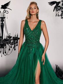 VIPGIRL Vestido de noche formal con cuello en V profundo, abertura alta y tela de malla - Verde - Ver 6