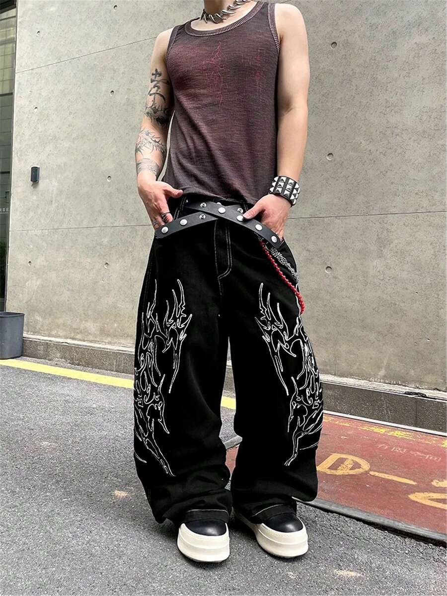 1件装美式休闲街头品牌刺绣图案男士宽松阔腿牛仔裤，百搭长裤（不含腰带和配饰） - 黑色 - 查看 1