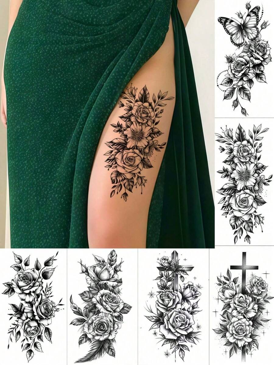 6 Blatt Blumen Tattoos Temporär Realistisch Wasserfest Schwarze Rose Tattoo Kreuz Schmetterling Tattoos Aufkleber für Partys, Abschlussbälle, Musikfestivals, Halloween, Styling Accessoires, Frauen Alltags Make-up