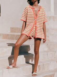 Fisoew Women's Boho Beach Vacation Set, Crochet Knit Cover Up With Striped Button Shirt, Summer Short Sleeve - trái cam - Xem 3