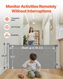 Retractable Baby Gate, Extends To 56.3 Inch Wide, 31.3 Inch Tall, With Security Lock, Easy To Use, Walk Through Without Tripping, Mesh Dog Gate For Stairs, Hallways, Indoor/Outdoor, Gray - Gray 55 inches 33 inches - 查看 4