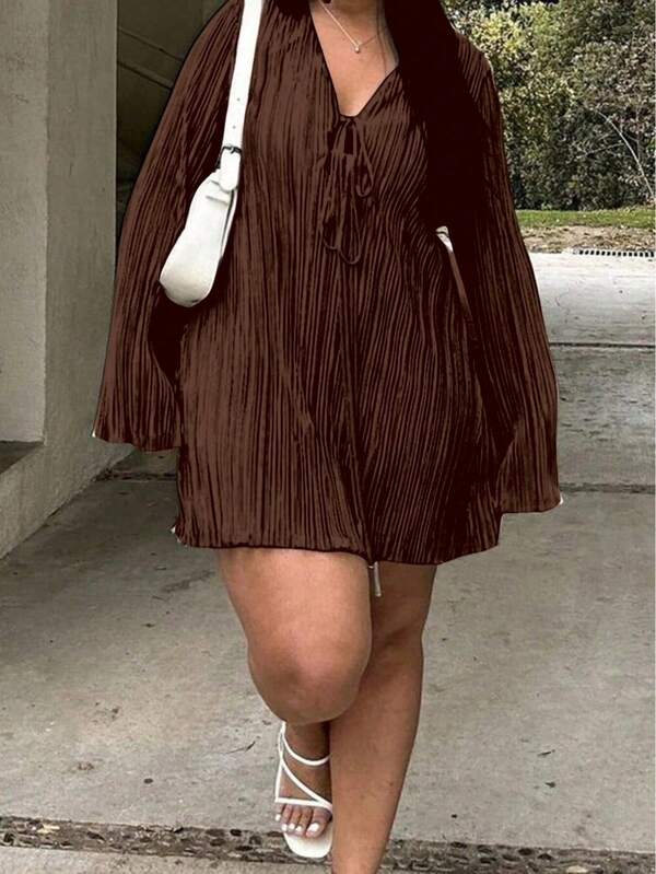 فستان مزود بحزام مقاس كبير، مناسب للتنحيف، أكمام جرس، لون أحادي، مناسب لارتداء الشارع في الصيف