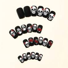 24pcs Halloween Black Matte Rose Skull Print Full Cover Press-On Fake Nails For Women Festival Party Nail Art Decoration - A12-01-01 - 查看 3