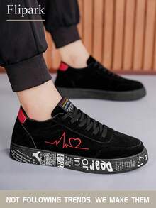 Flipark 1 双街头时尚透气男士滑板鞋，系带心电图和心形印花绒面革休闲低帮运动鞋 - 黑紅 - 查看 3