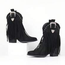 Women's Fringe Cowboy Cowgirl Boots Snip Toe Pull On Dress Western Ankle Booties - màu đen - Xem 7