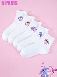 5双装儿童情侣款春夏Stitch & Angel甜美时刻荷叶边印花透气舒适可爱短袜日常穿着/国际女童节/圣帕特里克节卡通袜柔软亲肤休闲女童袜，荷叶边袜口，泡泡袜，女童短袜，男童短袜，柔软 - 彩色 - 查看 16