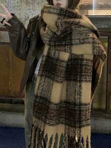 1pc Premium Merinowool Plaid Scarf For Women, Autumn/Winter, Vintage Chic, Thick & Warm For Dress - Coffee Brown - View 4