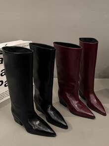 Bốt cao đến đùi mũi nhọn phong cách Blogger Pháp, mùa thu, đông, thu đông, bốt cưỡi ngựa gót mèo Nordic Ins dành cho nữ, tiệc tùng - Màu Đỏ Sâu - Xem 5
