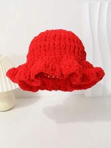 1pc Women's Handmade Knitted Solid Color Pleated Ruffle Brim Bucket Hat, Exaggerated Design, Fashionable Winter Beanie - Mũ đan - Xem 5