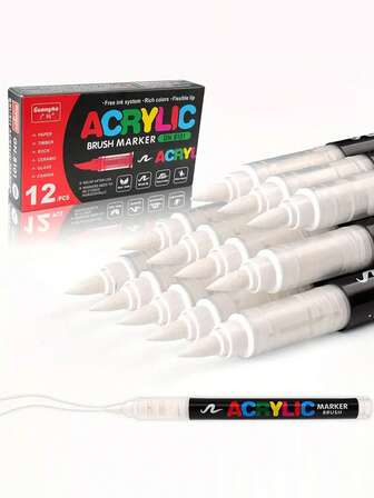12-delat set med akrylpennor, lämpligt för hantverk med trä, plast, glas, sten, keramik och tyg. Stor kapacitet, hållbar skrift, smidig skrift, kan användas för markering, målning, färgläggning, lämplig som present och för professionella konstmålningar.