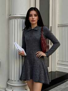 Women's Solid Color Front Button Fitted Collar Vintage Elegant Sweater Dress, Suitable For Dates, Daily Wear, Gatherings And Parties, Autumn/Winter - Grey - View 6