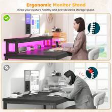 EnHomee 57" Gaming Or Home Office Desk With Power Outlets, LED Lights, Drawers, File Cabinet & Printer Shelf, Black - View 3