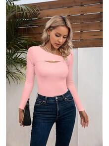 Womens Fashion Fall Cutout Long Sleeve Ribbed Slim Fitted Tops Shirts Tee Tshirts - Long-light Pink - View 7