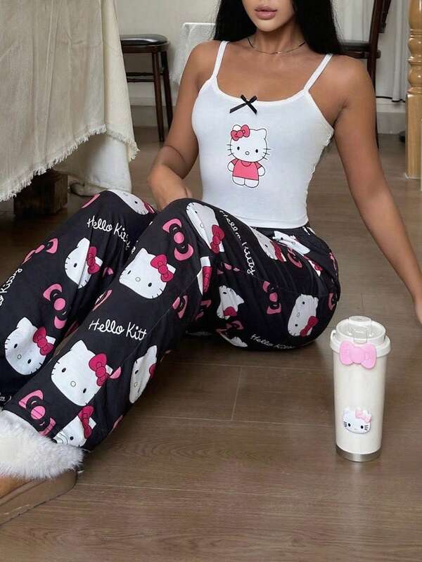 Sanrio 2 件套 Hello Kitty 印花女式吊带短款上衣 + 松紧腰直筒裤可爱睡衣套装