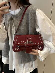时尚纯色铆钉装饰腋下包皮扣翻盖单肩包，适合逛街、钱包、购物、年轻女性、大学生、新人、白领。非常适合办公室、大学、工作、商务、通勤、户外活动、旅行和郊游 - 酒紅色 - 查看 6