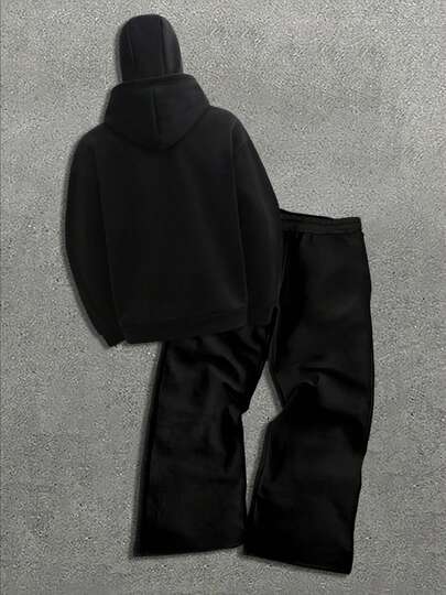 男士时尚街头拉链连帽衫，带双兜帽和口罩，运动裤套装，秋季服装