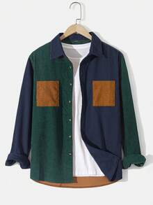 Áo khoác cardigan tay dài cài nút cài ve áo màu nâu, vải nhung kẻ cổ điển thời trang nam, màu kaki cổ điển, xanh ô liu, hai túi, phong cách đường phố năng động, thường ngày cho mùa xuân/thu - Màu xanh hải quân - Xem 2