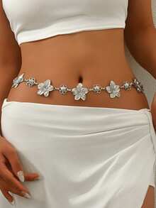 1pc Vintage Fashionable Unique Silver Metal Flower Decor Waist Chain, Bohemian High-End Versatile Dress Chain Waist Belt, Suitable For Women In Any Occasion - Silver - View 2
