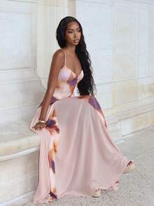 秋冬多色渐变紫色印花拼布连衣裙，下摆宽松，适合浪漫约会、派对和聚会 - 彩色 - 查看 2