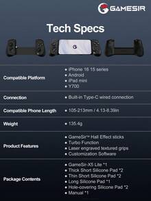 GameSir X5 Lite 手机游戏手柄，兼容 iOS 和安卓 15/16 英寸平板电脑，设备长度 105-213 毫米，霍尔效应摇杆，轻巧的人体工学设计，兼容 Game Pass、Zenless Zone Zero 云游戏、Steam/Moonlight 串流游戏和远程游玩，黑色