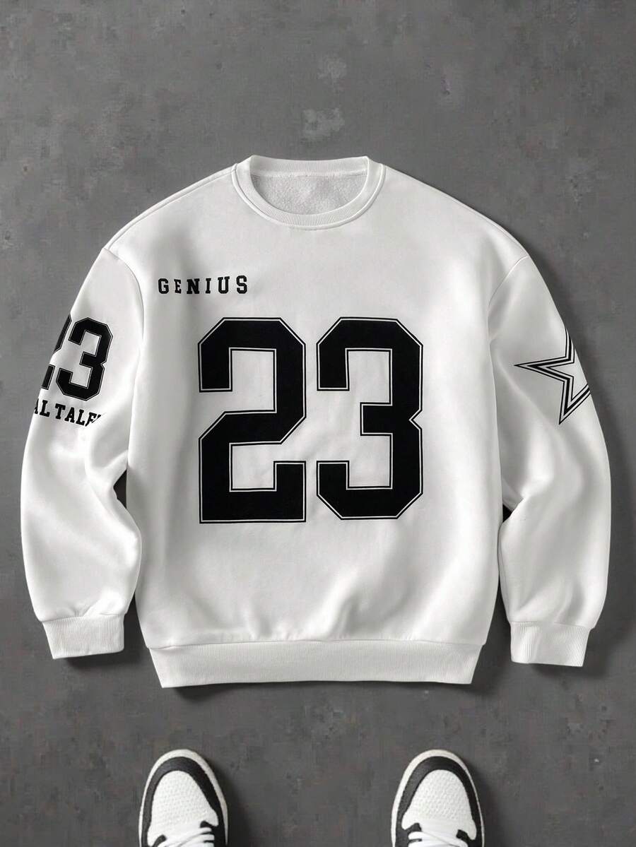 New Autumn/Winter Men's Casual Number Print Loose Fit Pullover Hoodie