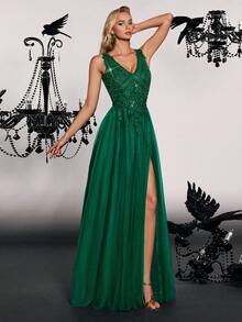 VIPGIRL Vestido de noche formal con cuello en V profundo, abertura alta y tela de malla - Verde - Ver 8