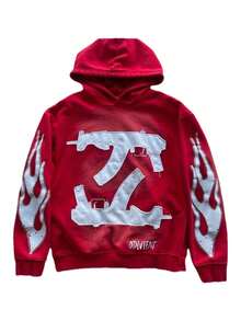 Y2K High Street  Flame Double Gun Print Hoodie - Regular Fit Long Sleeve Pullover, Spring/Autumn/Winter Casual Street Style Black Sweatshirt, Suitable For Everyday Wear, American Street  Hardcore Style Sweatshirt, Unisex - 紅色 - 查看 1