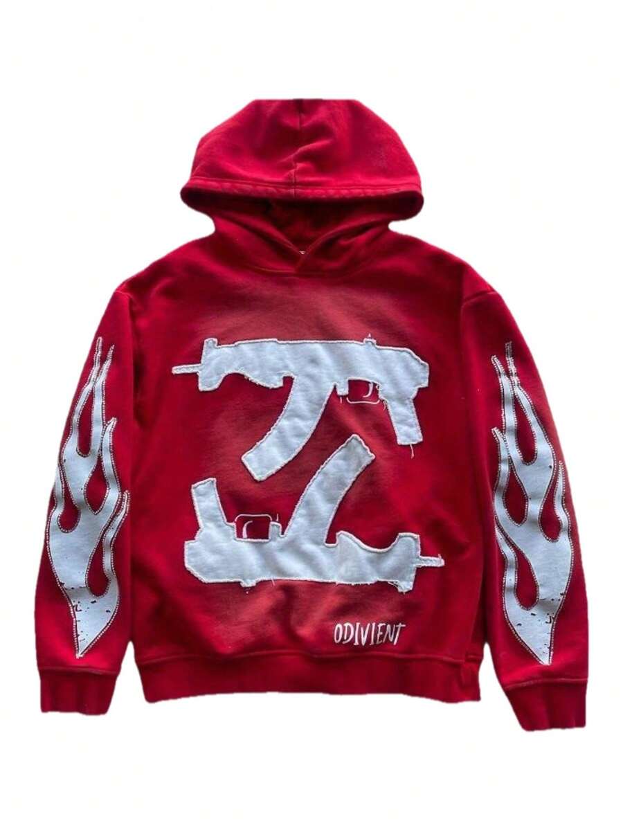 Y2K High Street  Flame Double Gun Print Hoodie - Regular Fit Long Sleeve Pullover, Spring/Autumn/Winter Casual Street Style Black Sweatshirt, Suitable For Everyday Wear, American Street  Hardcore Style Sweatshirt, Unisex - 紅色 - 查看 1
