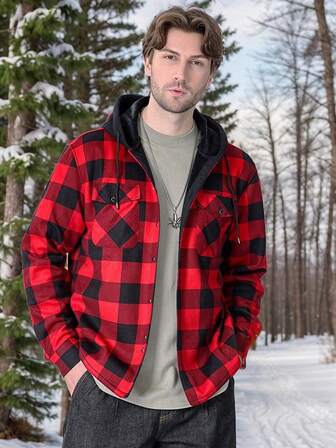 Thickened Plaid Hooded Shirt For Men, Long Sleeve Thermal Lined Shirt, Autumn/Winter