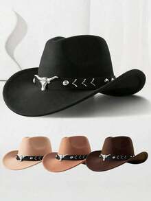 1pc Unisex Retro Western Cowboy Hat With Bull Trim For Everyday Casual Wear, Western Cowboy Parties.