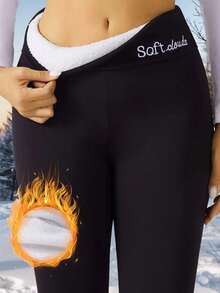 Women Thermal Thermal Lined High Waisted Leggings Seamless High Waist Letters Sports Pants Workout Winter Warm Thick Tights Soft Yoga Pants, Women's Clothing High Elasticity Tummy Control Black Autumn And Winter Pants