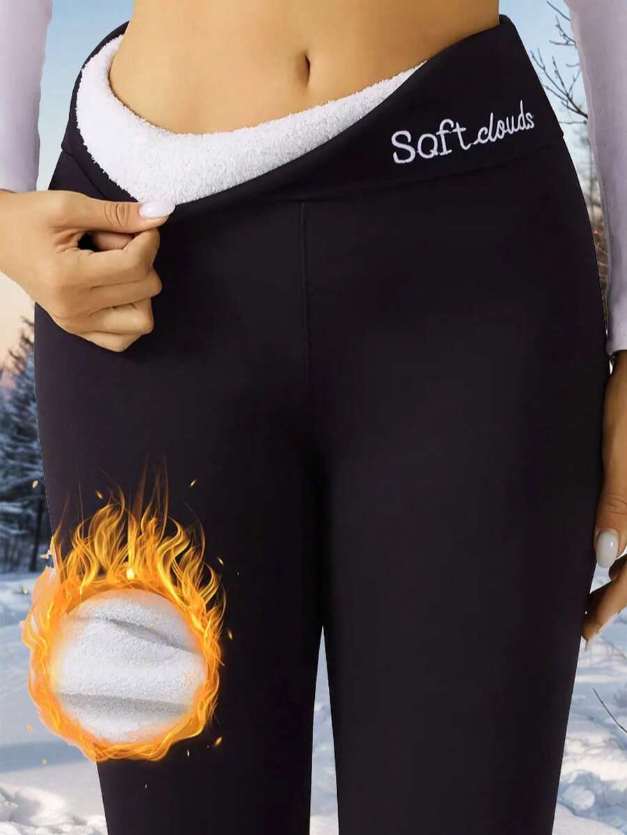 Women Thermal Thermal Lined High Waisted Leggings Seamless High Waist Letters Sports Pants Workout Winter Warm Thick Tights Soft Yoga Pants, Women's Clothing High Elasticity Tummy Control Black Autumn And Winter Pants