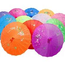 Sombrilla de bambú colorida para decoración de bodas, set de 5 sombrillas chinas de tela, ideal para bodas, fiestas y decoración temática, accesorio elegante, colores vibrantes, ambientes orientales y eventos especiales - Rosa Roja - Ver 4