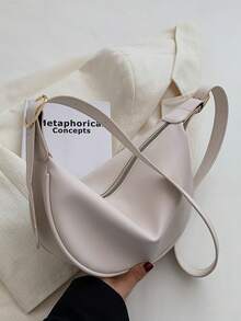 大容量时尚休闲小众设计简约纯色拉链单肩/斜挎包，适合工作/通勤 - 米色 - 查看 11